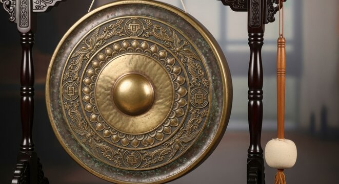 Traditional Chinese Gong Instrument with Ornate Details and Mallet