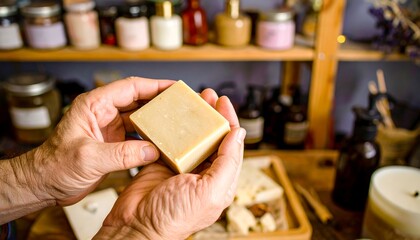 Hands hold a bar of light beige soap.  Shelves of various natural products surround