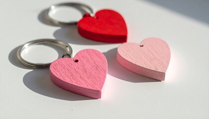 Two red and pink heart-shaped keychains on a white surface