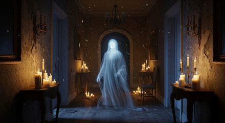Ethereal ghost haunts dimly lit gothic hallway with flickering candlelight and dust motes
