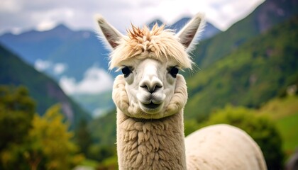 Obraz premium Portrait of a charming alpaca in a mountainous landscape evoking tranquility