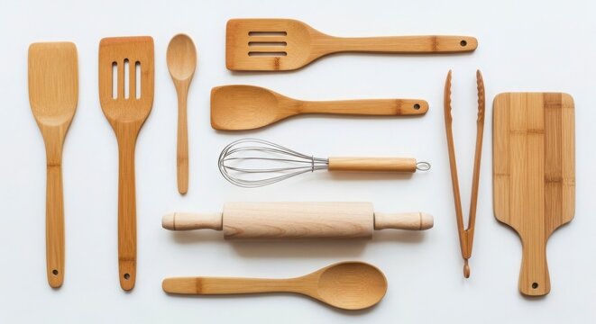 Collection Of Wooden Cooking Utensils And Baking Tools Arranged On White Background