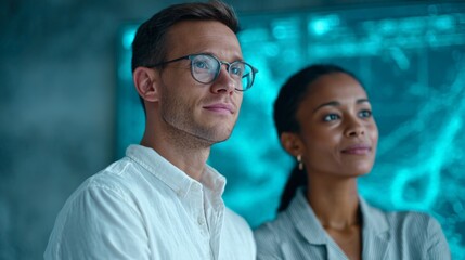 Two software engineers gazing at a large digital screen filled with intricate data visualizations on artificial intelligence and deep learning in a high tech monitoring room