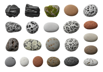 Diverse natural stones and pebbles, varied shapes, rough to smooth textures, earthy colors, moss and lichen, isolated on transparent studio background with copy space. Concept for graphic design