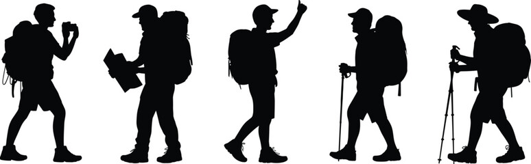 Silhouettes of hikers with backpacks and hiking gear, outdoor adventure, trekking, exploring nature, travel, wilderness, hiking trail, adventure activity, hiking equipment, nature walk