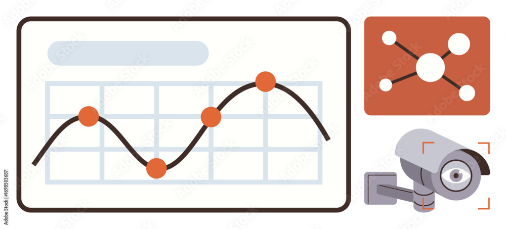 Poster chart with trend line and points, network diagram, and surveillance camera. ideal for analytics, tec