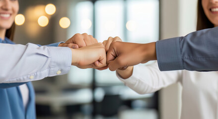 Diverse business team members unite with a powerful fist bump, showcasing strong collaboration, camaraderie, and shared success in a modern office environment.
