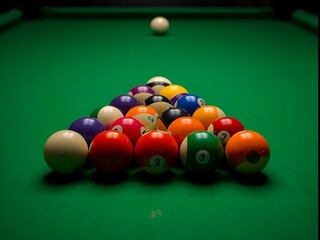 Billiard balls arranged in pyramid on green felt ready for game play leisure activity