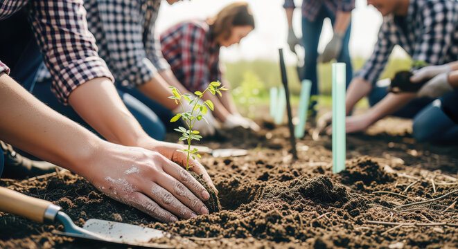 Close-up of hands carefully planting a small green seedling into fertile soil during a community tree planting and environmental conservation event outdoors.
