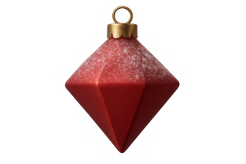 Red diamond shaped christmas ornament covered with snow on transparent background