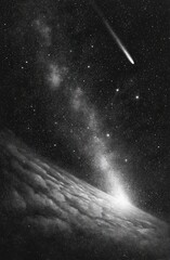 A celestial panorama, showcasing a vibrant Milky Way, streaked across a dark night sky, with a comet streaking across the heavens above a vast nebula.