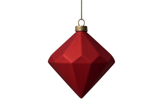 Red diamond shaped christmas ornament hanging on transparent background