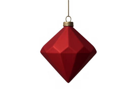 Red diamond shaped christmas ornament hanging on transparent background