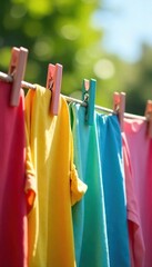 Colorful clothes pegs clipped to a taut clothesline, drying laundry outdoors in bright sunlight A summer scene of fresh, clean washing hanging on the line , wooden, laundry