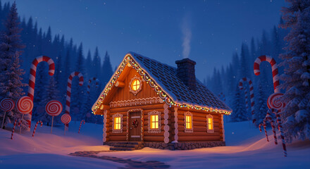 An enchanting, hyper-detailed gingerbread house log cabin glows warmly amidst a snowy winter forest scene at night, surrounded by festive candy decorations.