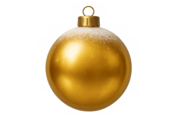 Golden christmas ball ornament hanging with snow on transparent background