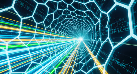 Fototapeta premium Visually striking depiction of rapid data transfer with dynamic light trails coursing through a futuristic hexagonal tunnel, symbolizing immense speed and connectivity.