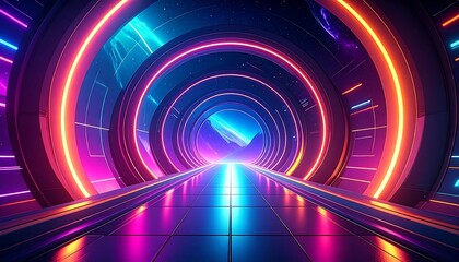 Neon tunnel, futuristic space corridor