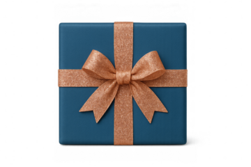 Blue gift box wrapped with a shiny gold ribbon on a transparent background