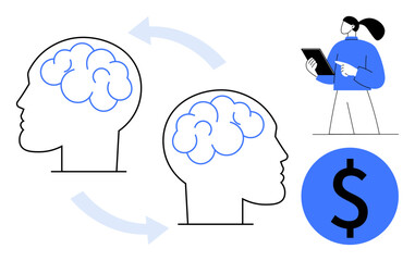 Two human brains connected by arrows symbolizing knowledge sharing, businesswoman holding tablet, dollar sign icon. Ideal for teamwork, learning, innovation, business strategy, knowledge exchange