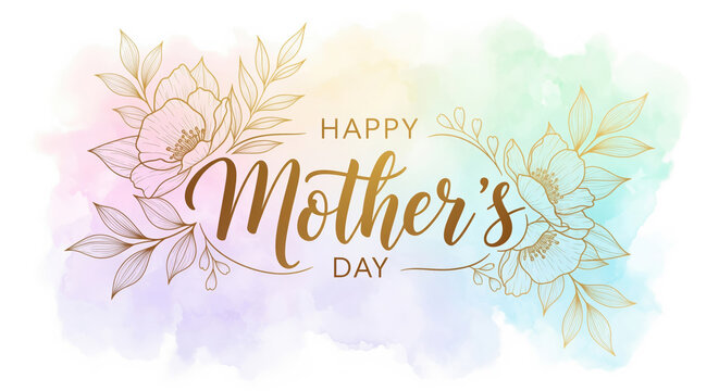 Happy Mother's Day elegant golden calligraphy with delicate line art flowers and pastel watercolor background, celebrating maternal love.