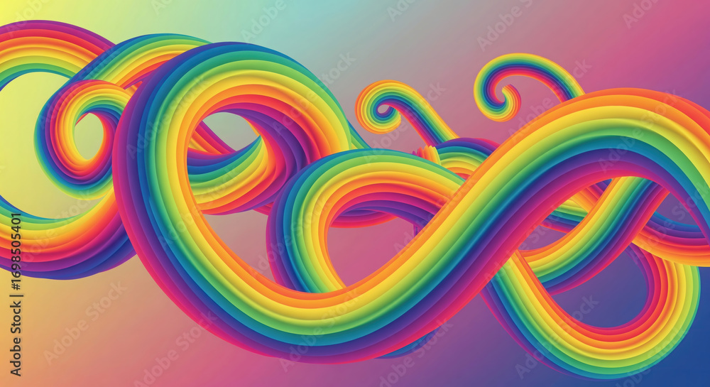 Poster vibrant 3d wavy ribbons flowing across a gradient background with rainbow colors, creating an abstra