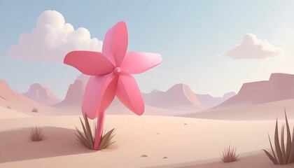 Pink flower-like windmill in a desert landscape