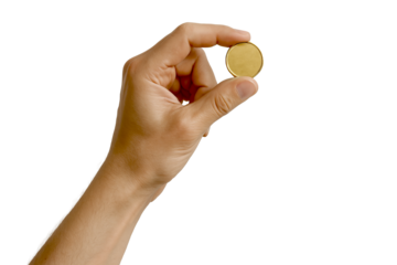 Hand holding a gold coin (cutout, transparent background)