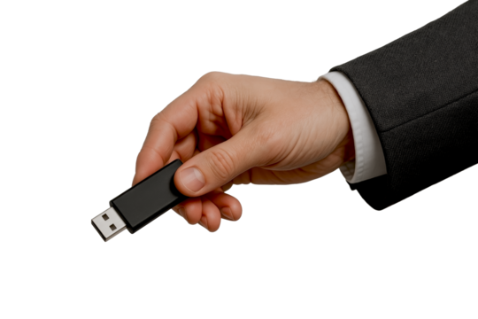 Business hand offering USB flash drive (side view, cutout)