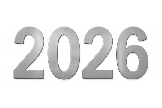 Metallic 2026 sign on transparent background representing future and new year
