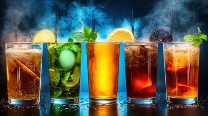 A vibrant array of colorful cocktails with ice cubes, garnished with lemon slices and mint leaves, against a dark, moody background with blue and black hues.