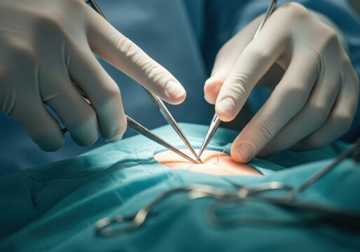 Hands of a surgeon using surgical instruments during an operation, close-up view of a medical procedure in a sterile operating room, demonstrating precision and care - Powered by Adobe