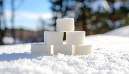 Precarious stack of refined sugar cubes balancing on a bed of fresh winter snow