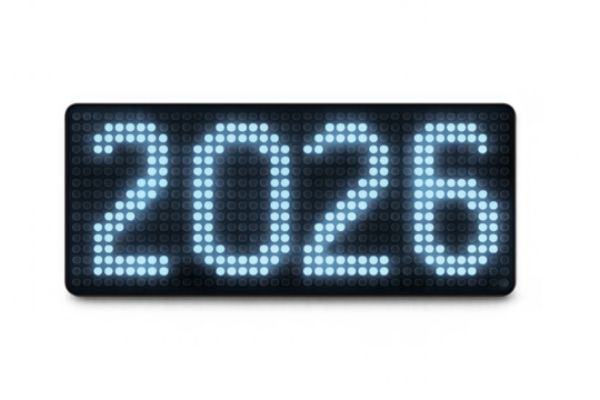 Electronic display showing 2026 on transparent background - Powered by Adobe