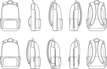 Detailed CAD line drawing illustration of front, side, back views of backpack, multiple angles, product design, travel gear, bag template