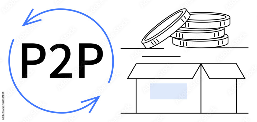 Poster circular arrows, stacked coins, and an open delivery box emphasizing direct exchange and transaction