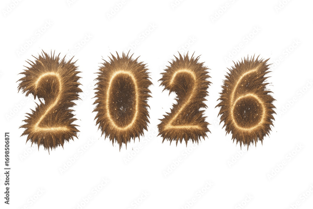 Poster 2026 made of golden sparkling particles on transparent background