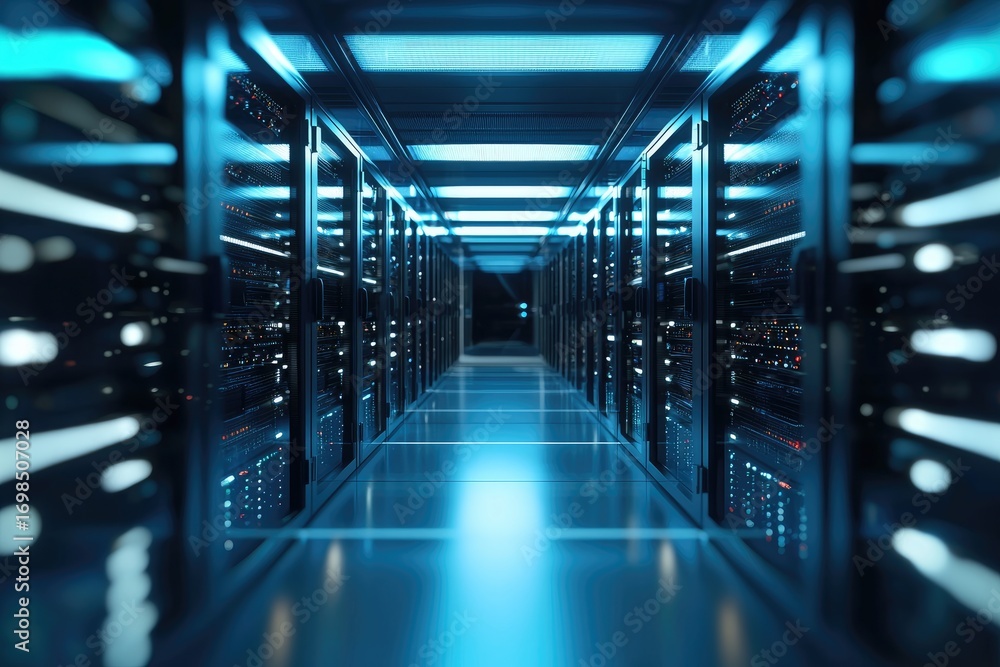 Poster brightly lit data center corridor with blue server lights representing cloud computing, secure data 