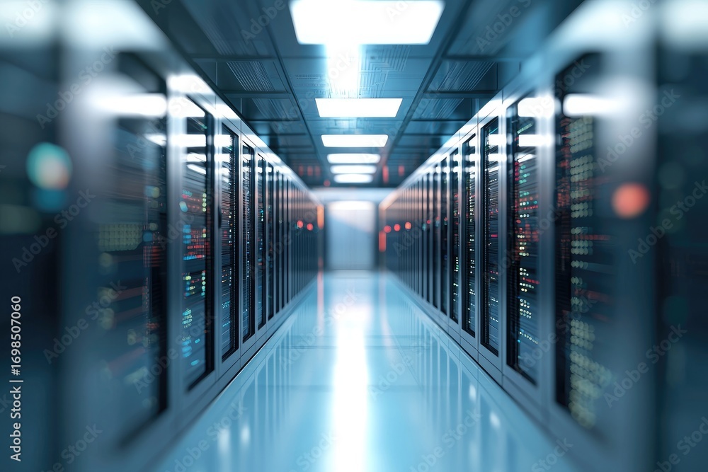 Poster bright server room corridor with symmetrical racks and glowing lights representing cloud computing, 