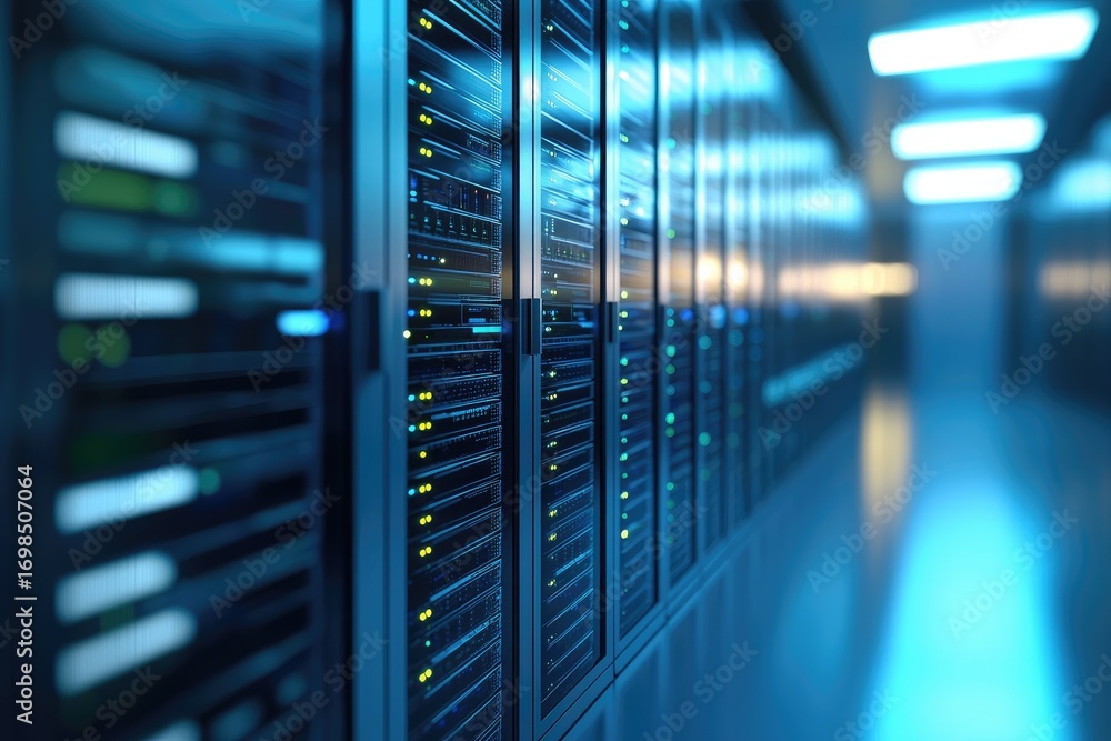 Aufkleber modern data center with blue and green server lights representing cloud computing, secure data stora