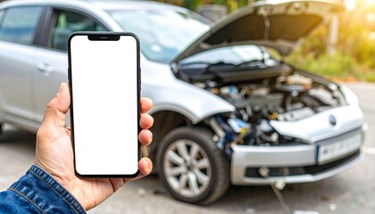 Smartphone held in hand, damaged car in background