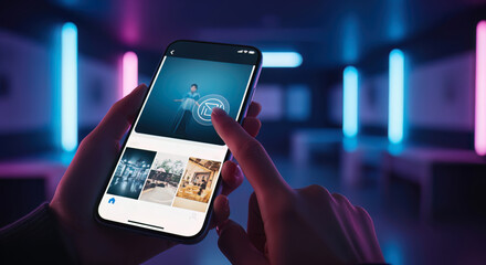 Woman's finger scrolls a social media content app on a modern smartphone, set against a backdrop of vibrant blue and purple neon lights.