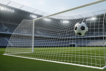 A classic black and white soccer ball is perfectly netted, indicating a goal scored in a large, empty stadium under bright, powerful lights.