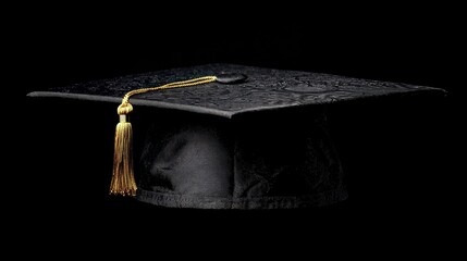 A black graduation cap with a gold tassel against a black background.
