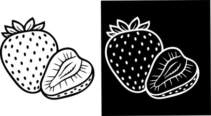 Black and white vector illustration of whole strawberry and half strawberry with bold outline.