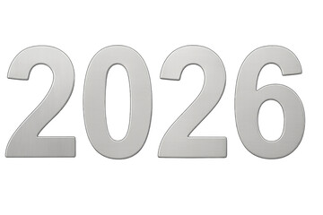 Metallic 2026 sign on transparent background representing future and new year