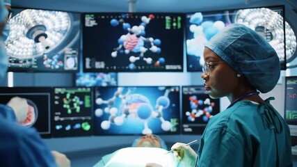Focused female surgeon analyzing complex molecular data on screens during a futuristic surgical procedure - Powered by Adobe