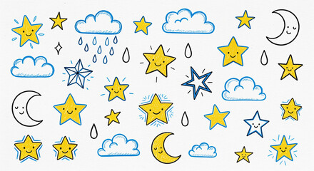 Obraz premium Whimsical hand-drawn crayon doodle set featuring sparkling yellow stars, smiling moons, and blue clouds with raindrops for cute sky designs.