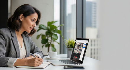 Focused professional woman actively participating in an online virtual meeting, taking important notes on her laptop, conducting business or studying remotely.
