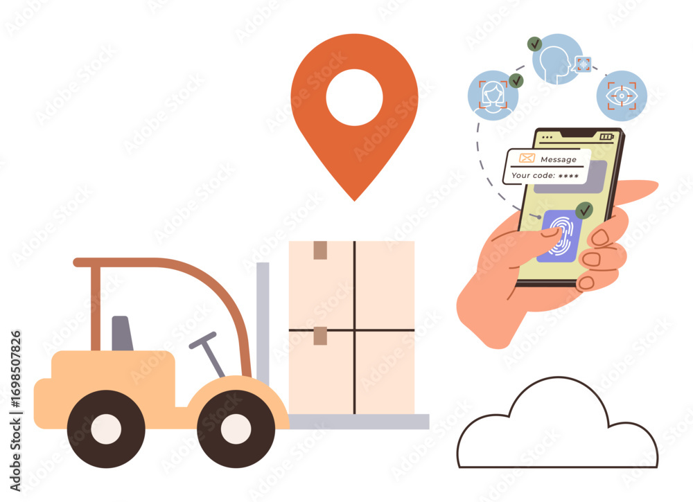 Poster forklift with boxes under geolocation pin, hand holding smartphone for tracking and codes. ideal for